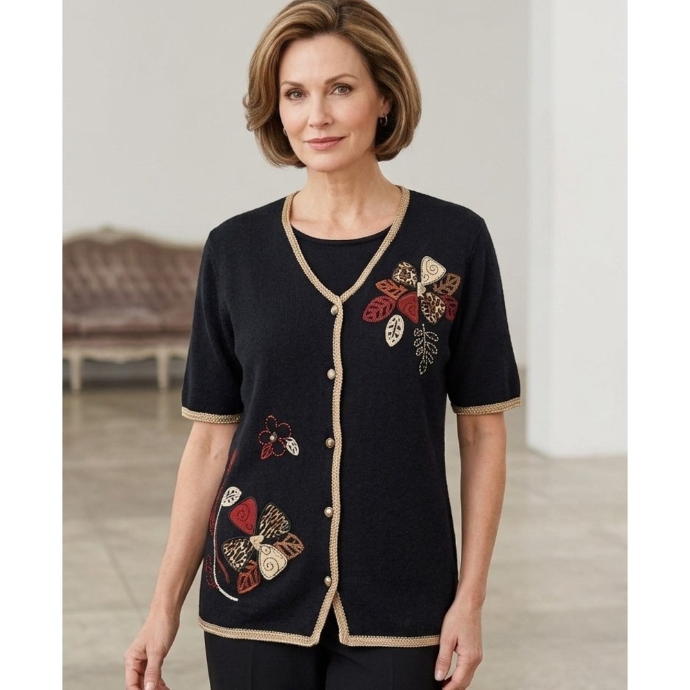 Koret L Black Faux Twin Set Short Sleeve Ramie Cardigan Shell Floral Embroidery